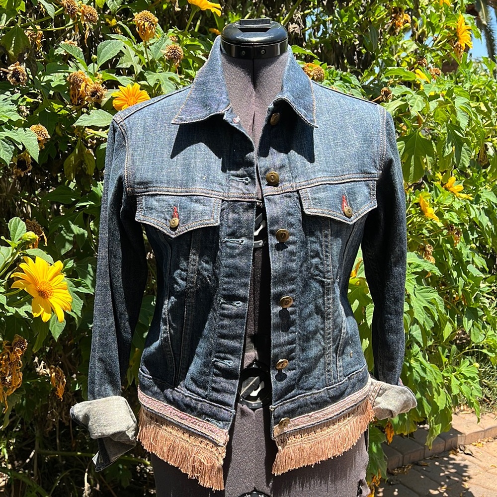 Level 99 Pink Fringe Jean jacket/ size small.
